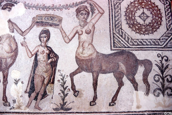 Roman mosaic tile floor (2ndC) with Venus flanked by female Centaurs at Bardo Museum. Tunis, Tunisia.