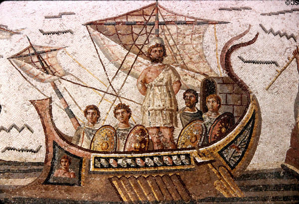 Roman mosaic tile floor (3rd C) of Ulysses tied to mast to resist sirens in Bardo Museum. Tunis, Tunisia.