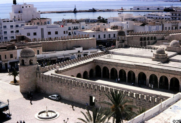 Great Mosque of Sousse (851 CE) with port beyond. Sousse, Tunisia.