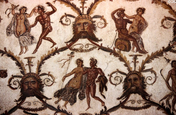 Roman mosaic tile floor (2ndC) of Love between Satyrs & Maenads at Sousse Archeological Museum. Sousse, Tunisia.