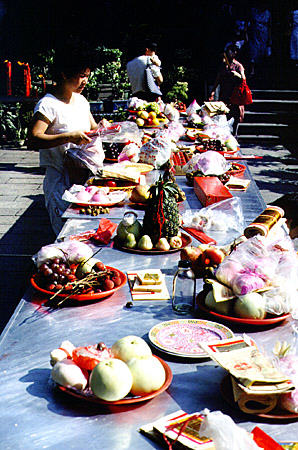 Variety of foods prepared for religious ceremonies at Lungshan Temple, Taipei. Taiwan.
