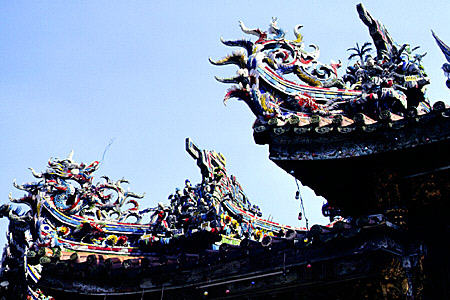 Ornate stylized dragons atop Lungshan Temple, Taipei. Taiwan.