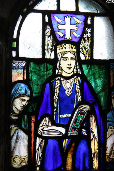 Detail of Queen Margaret stained glass window at St Margaret's Chapel. Edinburgh, Scotland.