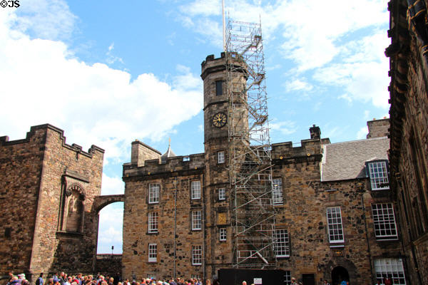Clock tower on building of Scottish crown jewels & royal apartments on grounds of Edinburgh Castle. Edinburgh, Scotland.