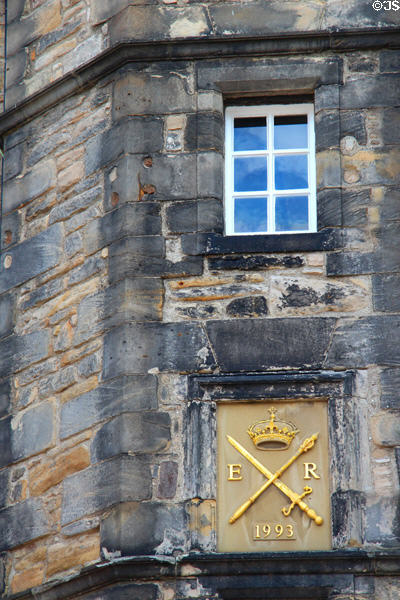 Clock tower stone facade of Scottish crown room of Edinburgh Castle. Edinburgh, Scotland.