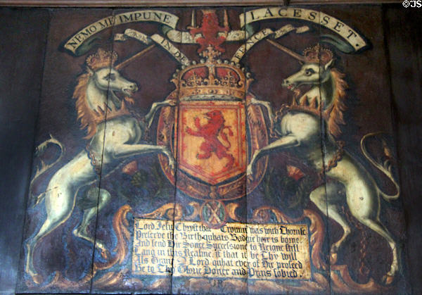 Coat of arms of King James VI & I painting (1617) by John Anderson in king's birth chamber in royal apartments at Edinburgh Castle. Edinburgh, Scotland.