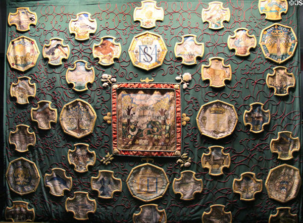 Replica of embroidery by Mary Queen of Scots made during her exile in England at royal apartments at Edinburgh Castle. Edinburgh, Scotland.