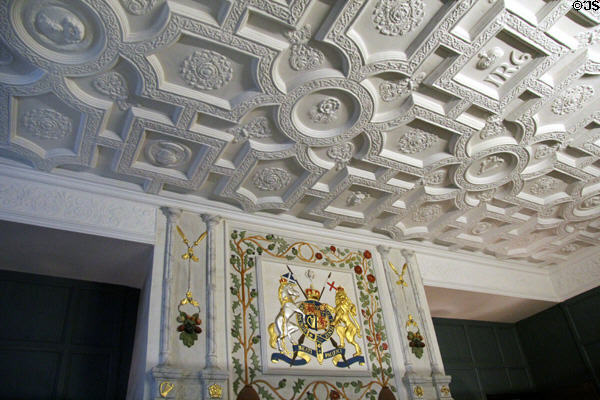 Molded ceiling & coat of arms in Antechamber at royal apartments at Edinburgh Castle. Edinburgh, Scotland.