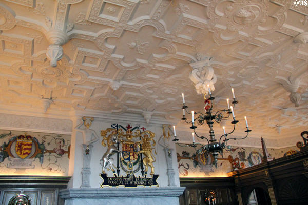 Molded ceiling & coat of arms in Laich Hall at royal apartments at Edinburgh Castle. Edinburgh, Scotland.