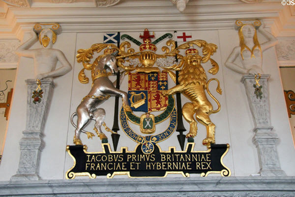 Arms of King James VI & I over fireplace in Laich Hall at royal apartments at Edinburgh Castle. Edinburgh, Scotland.
