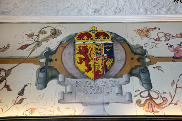 Painted coats of arms in Laich Hall at royal apartments at Edinburgh Castle. Edinburgh, Scotland.