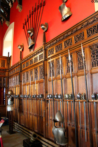 Carved walls & armor collection in Great Hall at Edinburgh Castle. Edinburgh, Scotland.