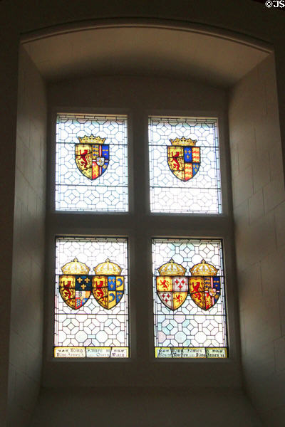 Stained glass windows in Great Hall at Edinburgh Castle. Edinburgh, Scotland.