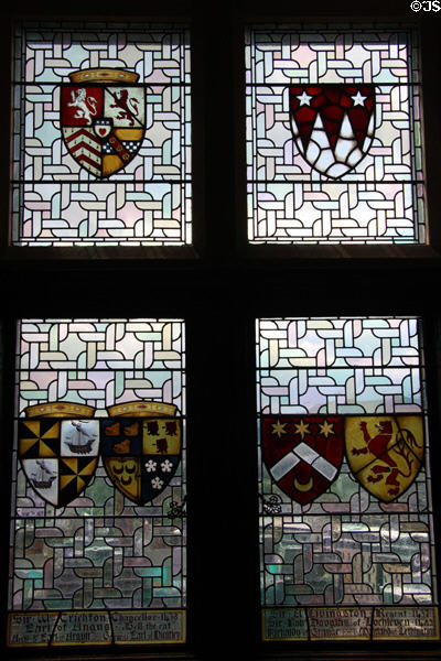 Stained glass windows with various crests in Great Hall at Edinburgh Castle. Edinburgh, Scotland.