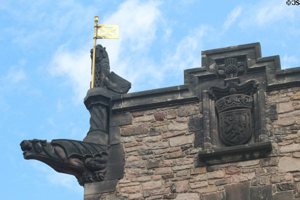 Gargoyle & carvings atop Scottish National War Memorial. Edinburgh, Scotland.
