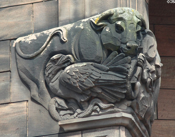 Carved bull & eagle with snake at Scottish National War Memorial. Edinburgh, Scotland.