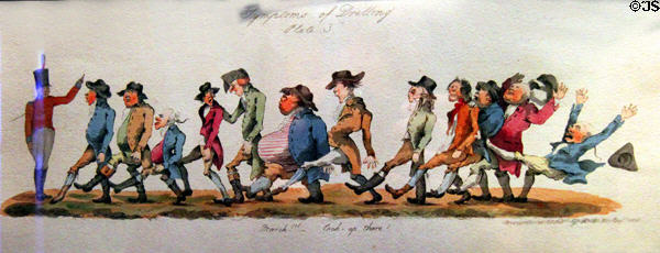 Symptoms of drilling print (1805) portrays attitude to British troops at National War Museum of Scotland. Edinburgh, Scotland.