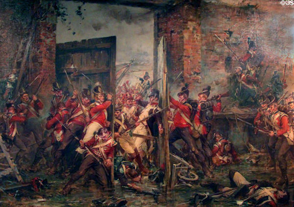 Closing Gates at Hougoumont chateau by Coldstream Regiment during battle of Waterloo painting (1903) by Robert Gibb at National War Museum of Scotland. Edinburgh, Scotland.