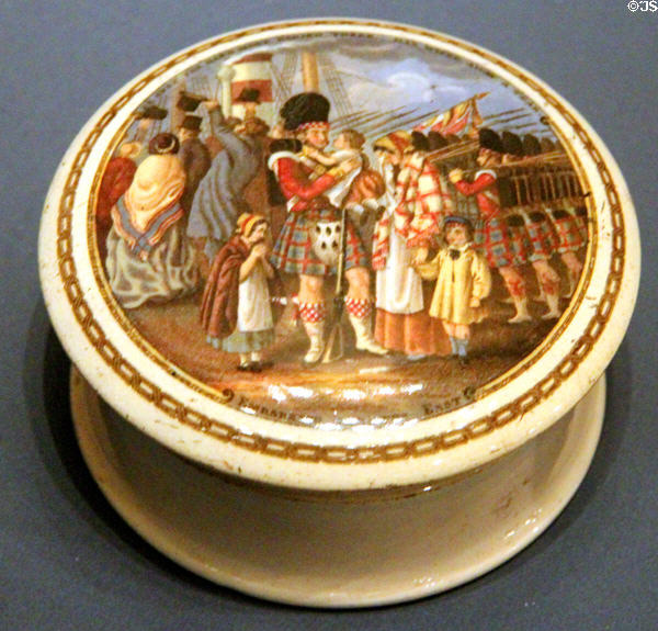 Highlanders embarking for Crimean War printed on ceramic pomatum pot of hair ointment (c1854) at National War Museum of Scotland. Edinburgh, Scotland.