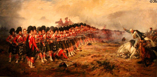 Thin Red Line depicting 93rd Highlanders at Crimean War battle of Balaclava in 1854 painting (1881) by Robert Gibb at National War Museum of Scotland. Edinburgh, Scotland.