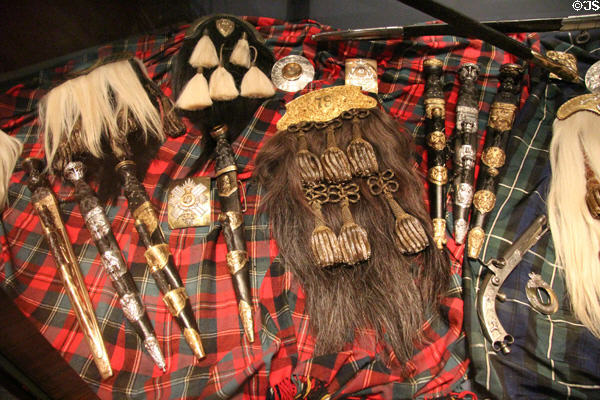 Collection of Highland sporrans, skean-duhs & broaches at National War Museum of Scotland. Edinburgh, Scotland.