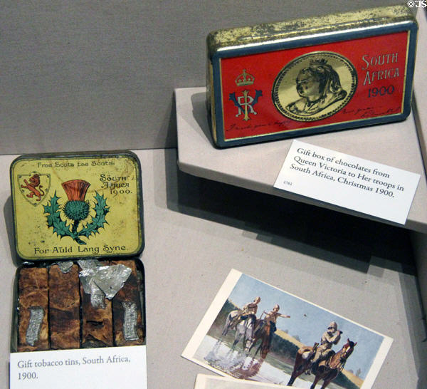Gift tobacco & chocolate tins given to British troops during Boer War (1899-1902) at Royal Scots Museum. Edinburgh, Scotland.