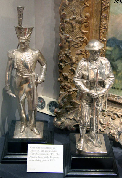 Silver-plated statuettes of regimental solders dressed for 1818 & 1918 at Royal Scots Museum. Edinburgh, Scotland.