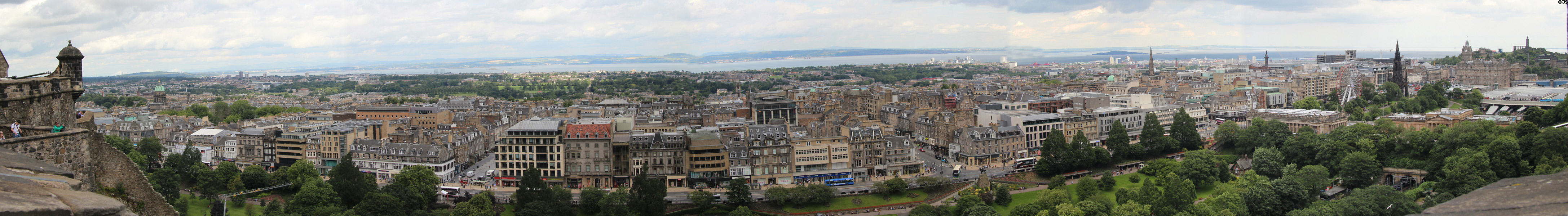 Panorama of New Town with Firth of Forth beyond from Edinburgh Castle. Edinburgh, Scotland.