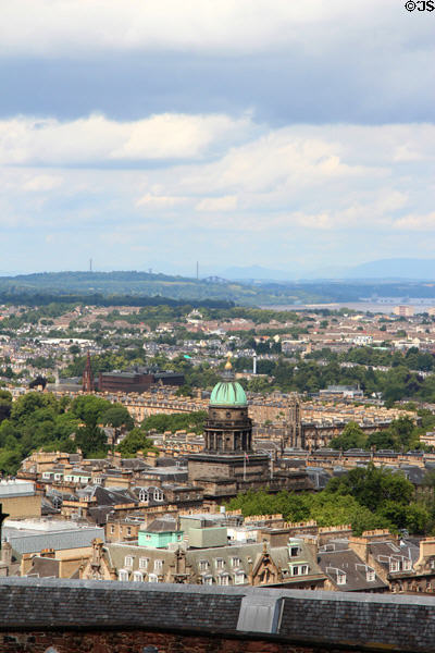 Dome of National Records of Scotland building (1814) (formerly St George's Church) on Charlotte Square with Firth of Forth bridges beyond. Edinburgh, Scotland. Architect: Robert Reid.