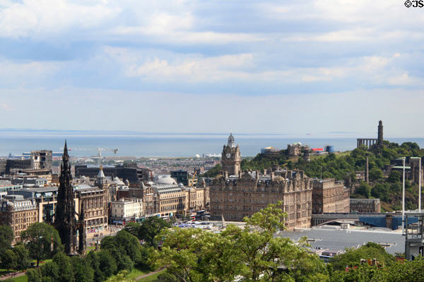 Spires of Scott Monument, Balmoral Hotel & Nelson Monument on Calton Hill from Edinburgh Castle. Edinburgh, Scotland.
