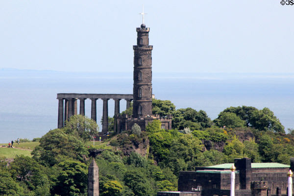 Calton Hill with National Monument temple & Nelson Monument tower. Edinburgh, Scotland.