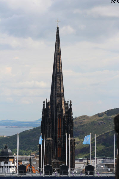Spire of The Hub (originally Church of Scotland) (1845) on Royal Mile from Edinburgh Castle. Edinburgh, Scotland.