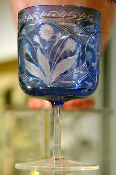 Engraved blue glass goblet at Edinburgh City Art Centre. Edinburgh, Scotland.