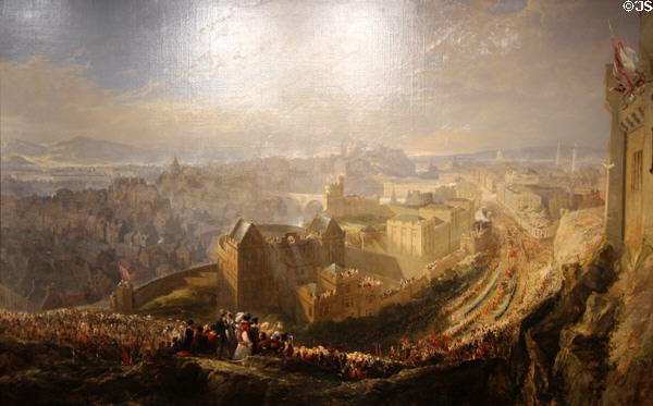 Entry of George IV into Edinburgh seen from Calton Hill in 1822 painting (1827) by John Wilson Ewbank at Edinburgh City Art Centre. Edinburgh, Scotland.