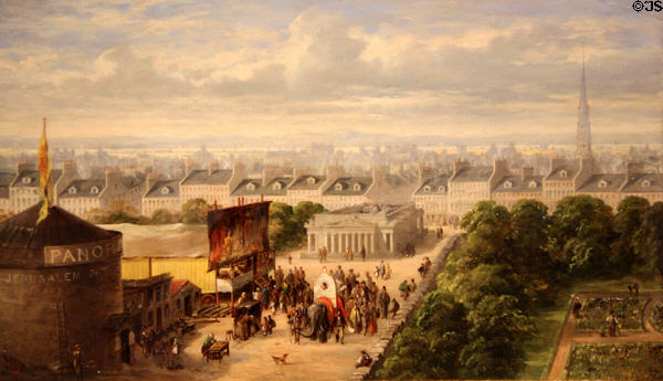 Princes Street from the Mound with panorama rotunda painting (1843) by Charles Halkerston at Edinburgh City Art Centre. Edinburgh, Scotland.