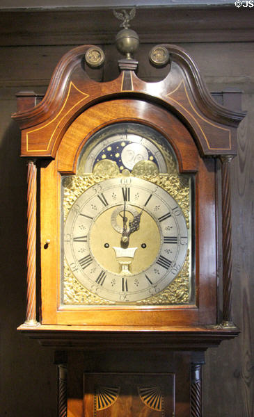 Longcase clock (mid 18thC) by James Nicoll of Canongate inside later case (c1830) at Museum of Edinburgh. Edinburgh, Scotland.