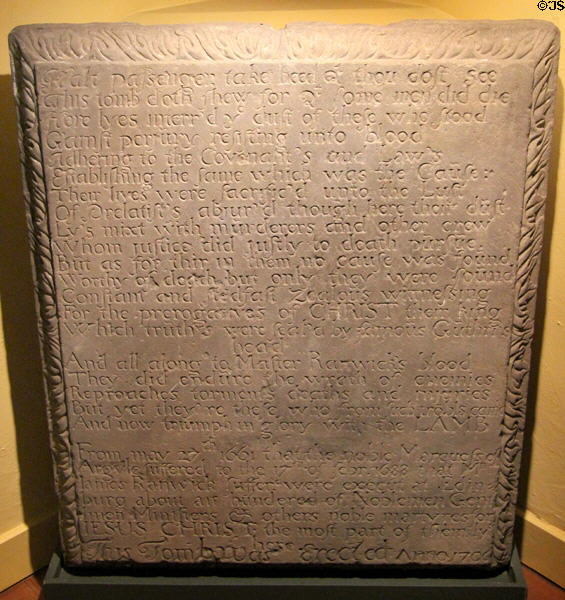 Carved stone (c1706) with inscription from Martyrs' Monument to Covenanters executed in 1680s for their refusal to conform to re-established Episcopalian Church at Museum of Edinburgh. Edinburgh, Scotland.