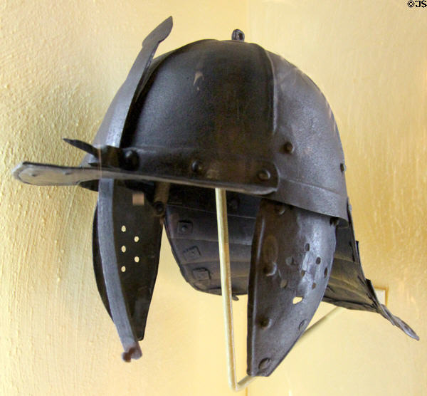 Lobster-tail helmet (c1700) type used by Scottish soldiers during Covenanting Wars at Museum of Edinburgh. Edinburgh, Scotland.