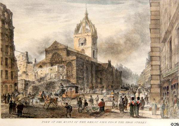 Views of Great Fire of Edinburgh lithograph (1824) by William Turner of London at Museum of Edinburgh. Edinburgh, Scotland.
