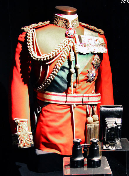 Uniform of Field Marshal Earl Haig (c1920) plus camera & binoculars at Museum of Edinburgh. Edinburgh, Scotland.
