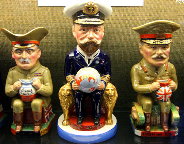 Toby jugs representing World War I Allied leaders (John French, King George V, Douglas Haig) by Sir F. Carruthers Gould for Pottery-Wilkinson Ltd. at Museum of Edinburgh. Edinburgh, Scotland.
