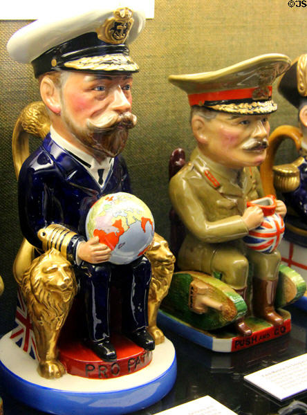 Toby jugs representing World War I Allied leaders (King George V & Field Marshal Sir Douglas Haig) by Sir F. Carruthers Gould for Pottery-Wilkinson Ltd. at Museum of Edinburgh. Edinburgh, Scotland.