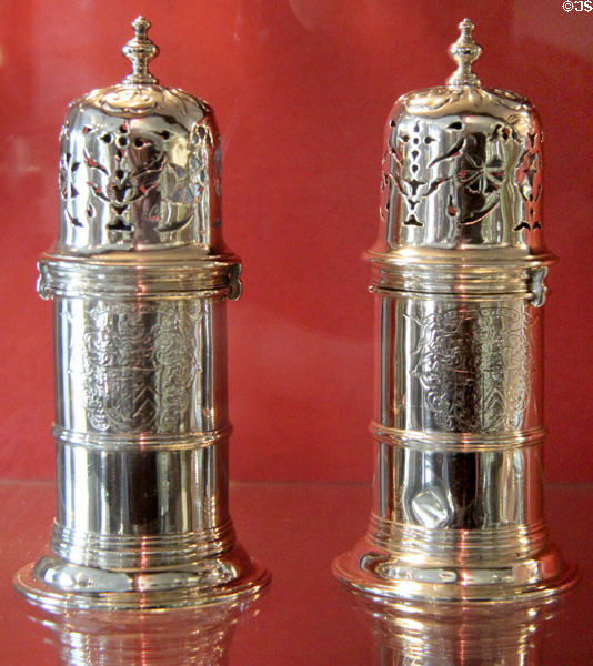 Silver lighthouse casters (1693-4) by Andrew Law of Edinburgh at Museum of Edinburgh. Edinburgh, Scotland.