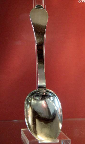 Silver dessert spoon (1695-6) by Thomas Ker of Edinburgh at Museum of Edinburgh. Edinburgh, Scotland.