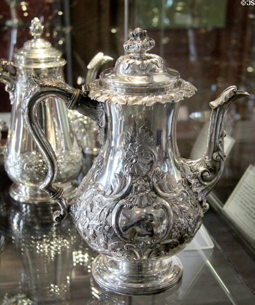 Silver Rococo coffee pot (1756-7) by James Gilsland of Edinburgh at Museum of Edinburgh. Edinburgh, Scotland.