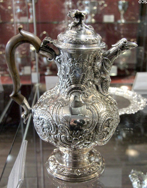 Silver Rococo coffee pot (1758-9) by William Dempster of Edinburgh at Museum of Edinburgh. Edinburgh, Scotland.