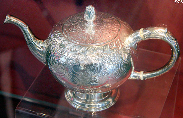 Silver Rococo teapot (1762-3) by Ker & Dempster of Edinburgh at Museum of Edinburgh. Edinburgh, Scotland.