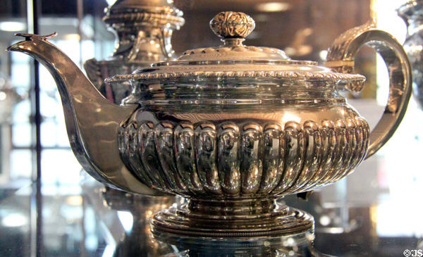 Silver teapot with gadrooning (1817-18) by George McHattie of Edinburgh at Museum of Edinburgh. Edinburgh, Scotland.