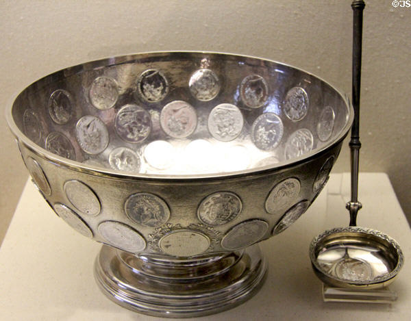 Silver punch bowl & ladle inset with George IV coins (1825) by Robert Winter of Edinburgh at Museum of Edinburgh. Edinburgh, Scotland.