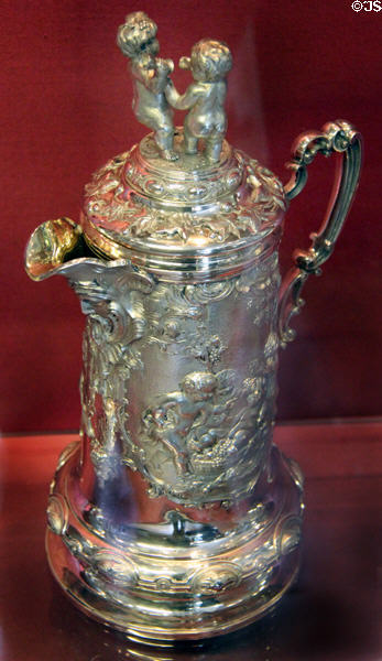Silver Rococo Revival wine flagon (1862-3) by John Pears Hutton for Charles Robb & Son of Edinburgh at Museum of Edinburgh. Edinburgh, Scotland.